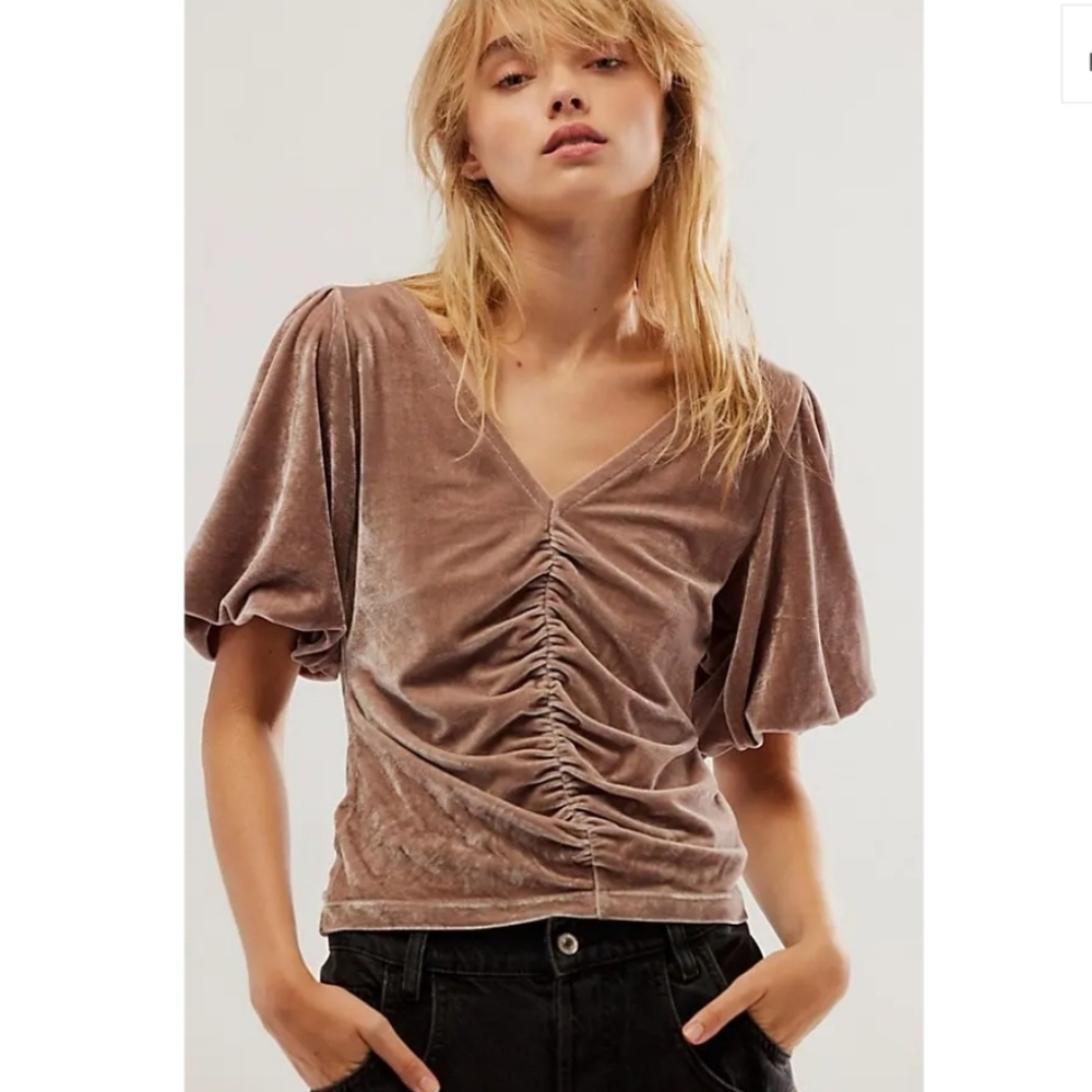 Free People Ruched Velvet V-Neck Top Sz Small